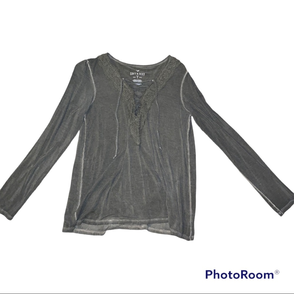American Eagle Soft & Sexy Long Sleeve Top Tie Up Olive Green Size Small